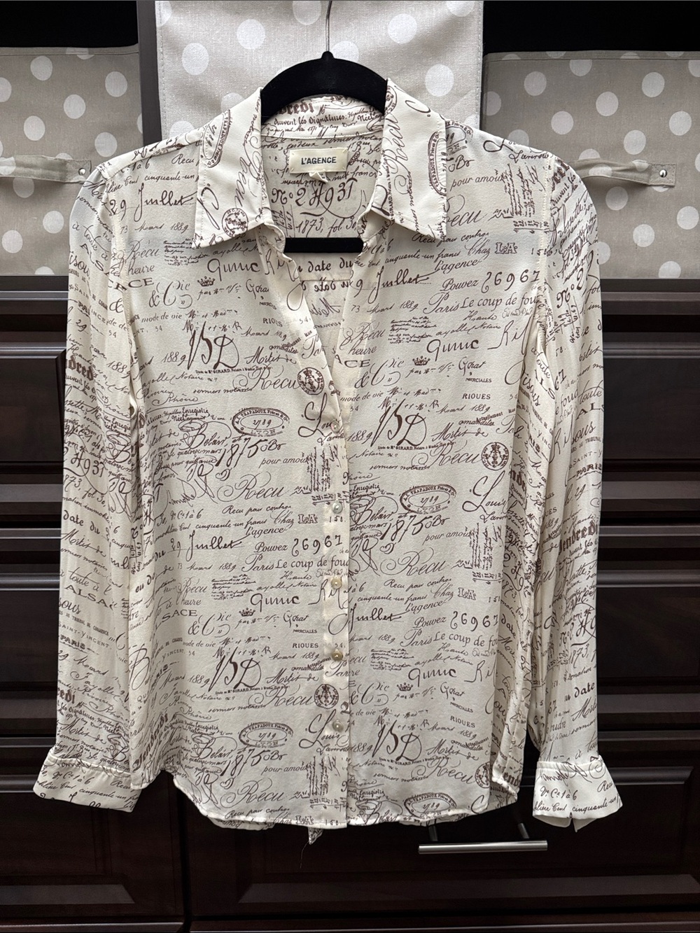 L'AGENCE Script-Print Silk Blouse in Cream & Brown